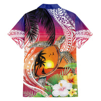 Polynesian Dreamy Turtle Family Matching Off Shoulder Short Dress and Hawaiian Shirt Sunset Scenery