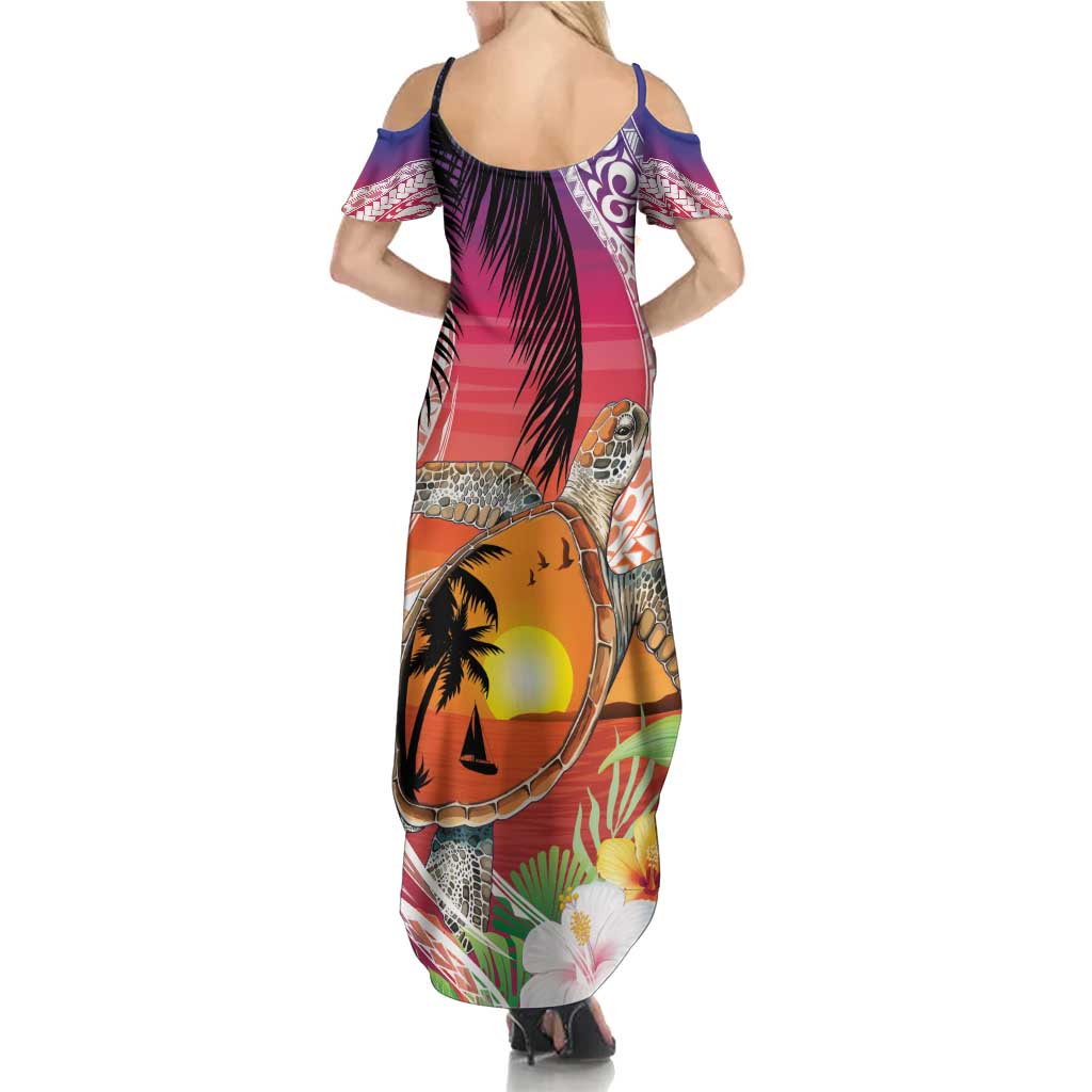 Polynesian Dreamy Turtle Family Matching Summer Maxi Dress and Hawaiian Shirt Sunset Scenery