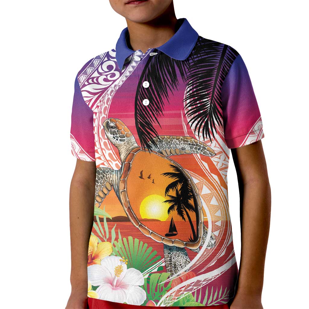 Polynesian Dreamy Turtle Kid Polo Shirt Sunset Scenery