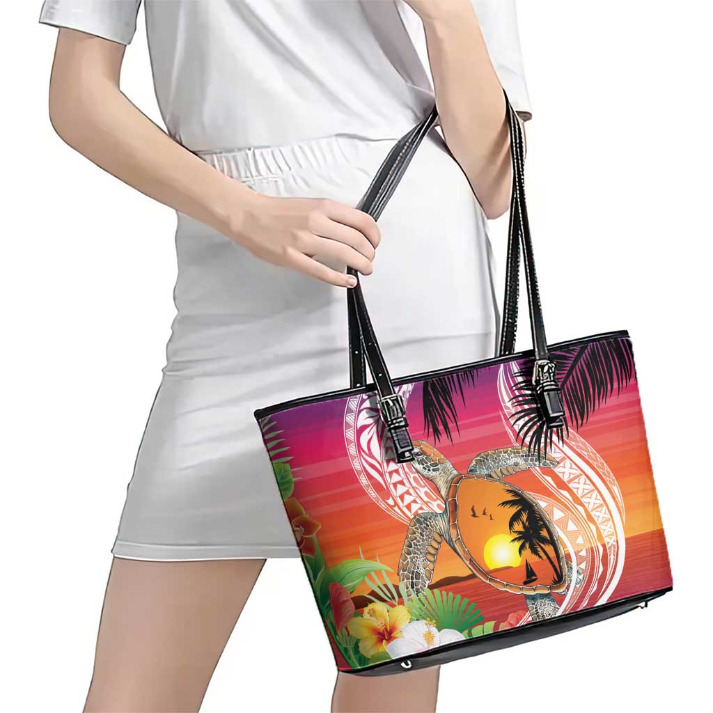 Polynesian Dreamy Turtle Leather Tote Bag Sunset Scenery