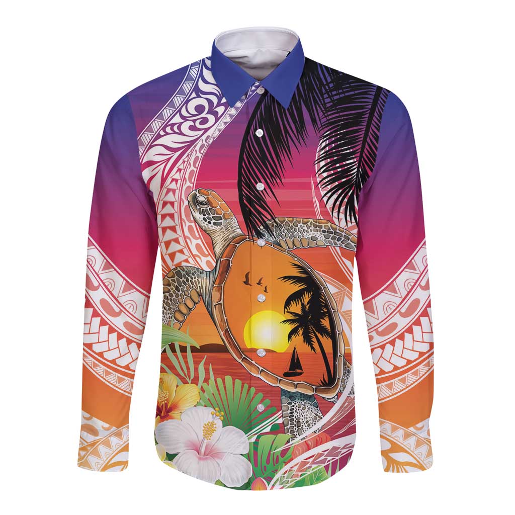 Polynesian Dreamy Turtle Long Sleeve Button Shirt Sunset Scenery