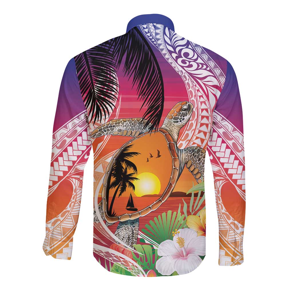 Polynesian Dreamy Turtle Long Sleeve Button Shirt Sunset Scenery