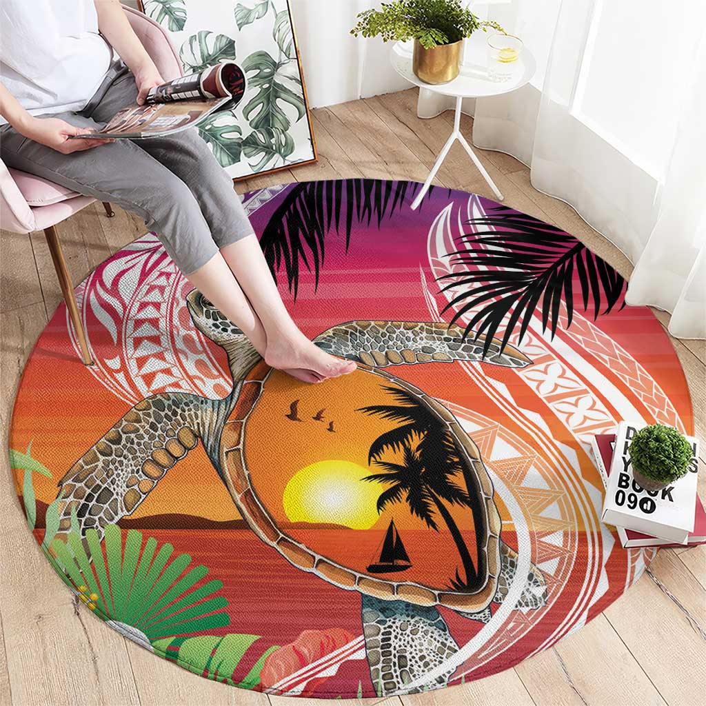 Polynesian Dreamy Turtle Round Carpet Sunset Scenery