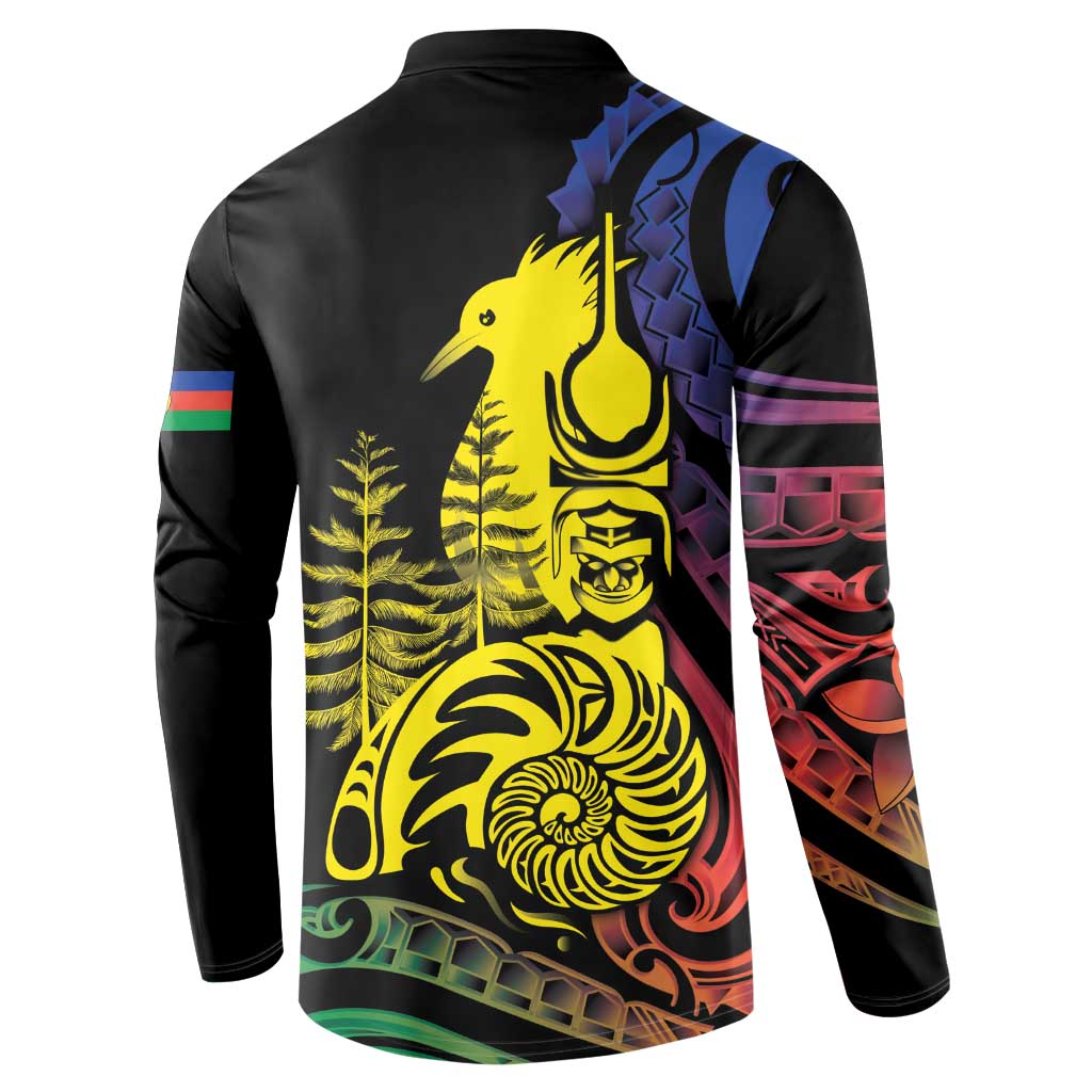 New Caledonia Kanaky Button Sweatshirt Stylized Fleche Faitiere With Kagu Bird