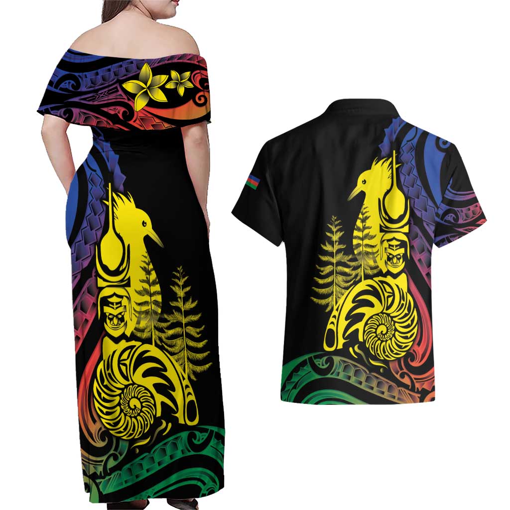 New Caledonia Kanaky Couples Matching Off Shoulder Maxi Dress and Hawaiian Shirt Stylized Fleche Faitiere With Kagu Bird