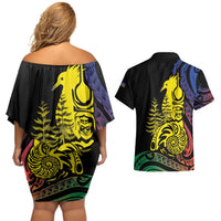 New Caledonia Kanaky Couples Matching Off Shoulder Short Dress and Hawaiian Shirt Stylized Fleche Faitiere With Kagu Bird