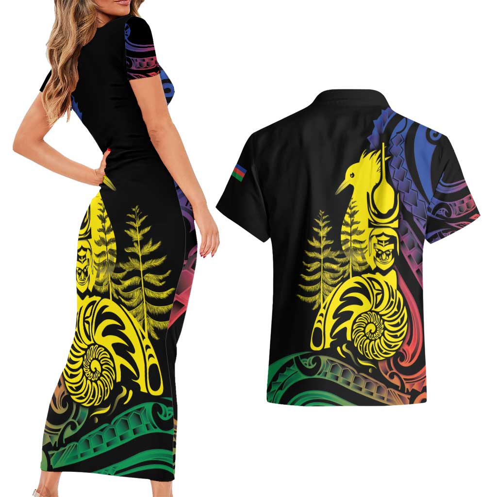 New Caledonia Kanaky Couples Matching Short Sleeve Bodycon Dress and Hawaiian Shirt Stylized Fleche Faitiere With Kagu Bird