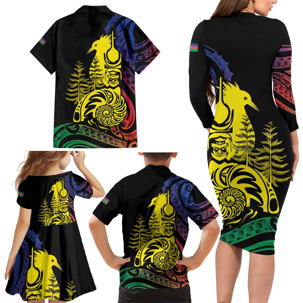 New Caledonia Kanaky Family Matching Long Sleeve Bodycon Dress and Hawaiian Shirt Stylized Fleche Faitiere With Kagu Bird