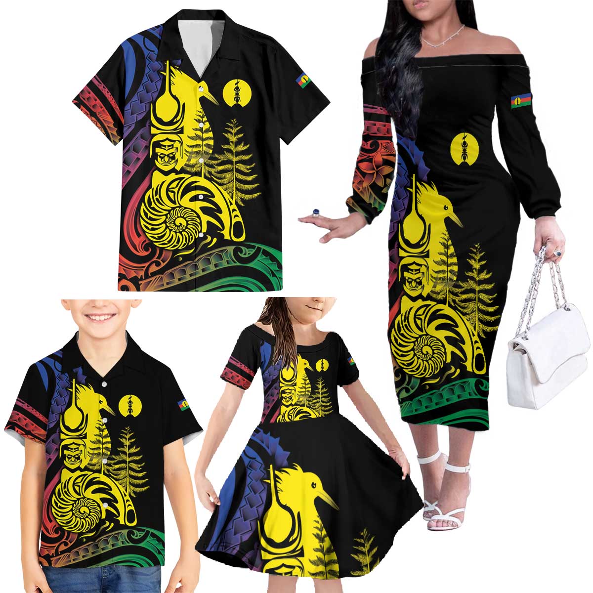 New Caledonia Kanaky Family Matching Off The Shoulder Long Sleeve Dress and Hawaiian Shirt Stylized Fleche Faitiere With Kagu Bird