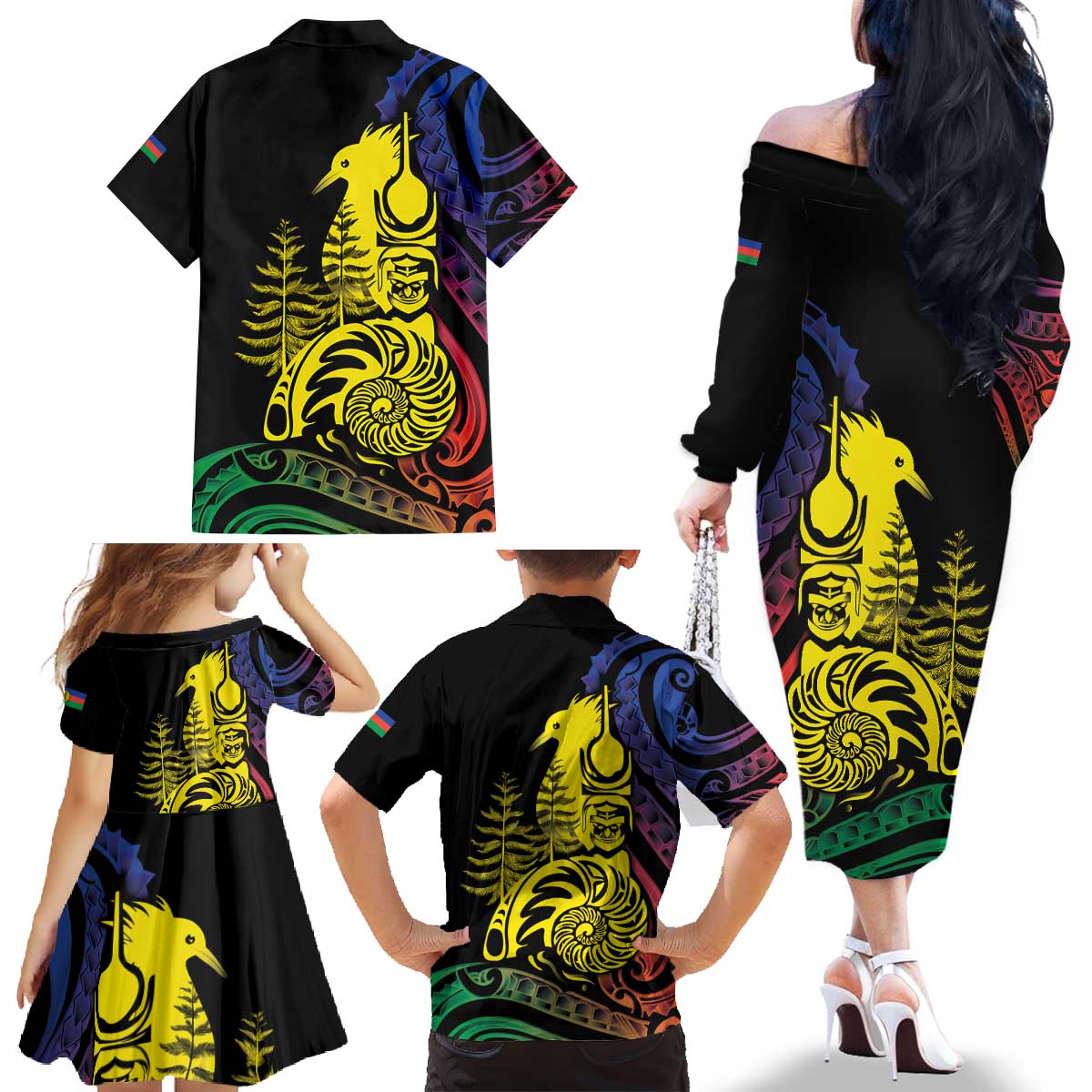 New Caledonia Kanaky Family Matching Off The Shoulder Long Sleeve Dress and Hawaiian Shirt Stylized Fleche Faitiere With Kagu Bird