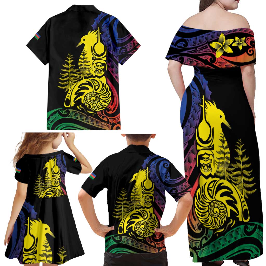 New Caledonia Kanaky Family Matching Off Shoulder Maxi Dress and Hawaiian Shirt Stylized Fleche Faitiere With Kagu Bird