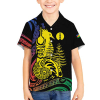 New Caledonia Kanaky Family Matching Off Shoulder Short Dress and Hawaiian Shirt Stylized Fleche Faitiere With Kagu Bird