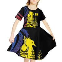 New Caledonia Kanaky Kid Short Sleeve Dress Stylized Fleche Faitiere With Kagu Bird