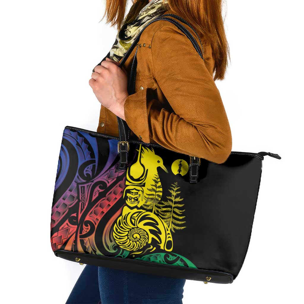 New Caledonia Kanaky Leather Tote Bag Stylized Fleche Faitiere With Kagu Bird