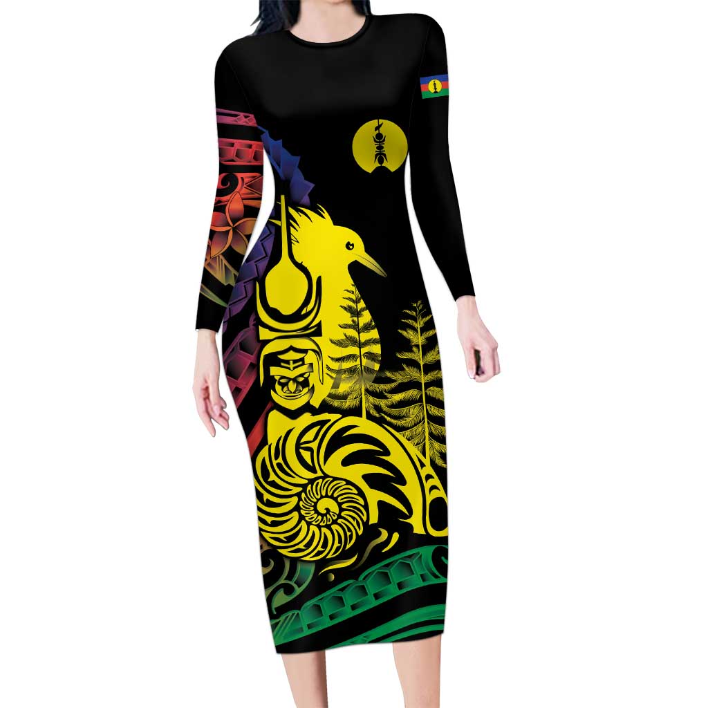 New Caledonia Kanaky Long Sleeve Bodycon Dress Stylized Fleche Faitiere With Kagu Bird