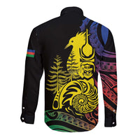 New Caledonia Kanaky Long Sleeve Button Shirt Stylized Fleche Faitiere With Kagu Bird