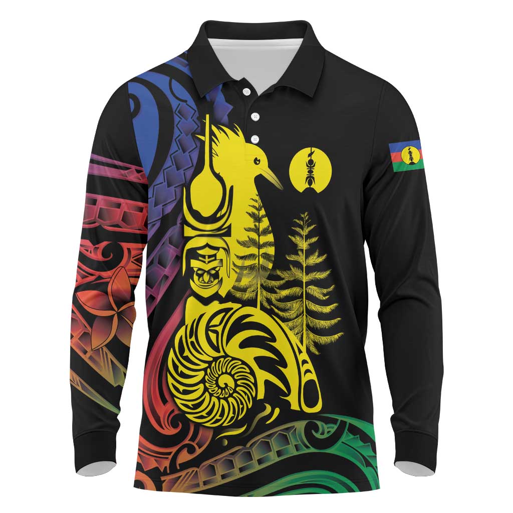 New Caledonia Kanaky Long Sleeve Polo Shirt Stylized Fleche Faitiere With Kagu Bird