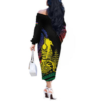 New Caledonia Kanaky Off The Shoulder Long Sleeve Dress Stylized Fleche Faitiere With Kagu Bird