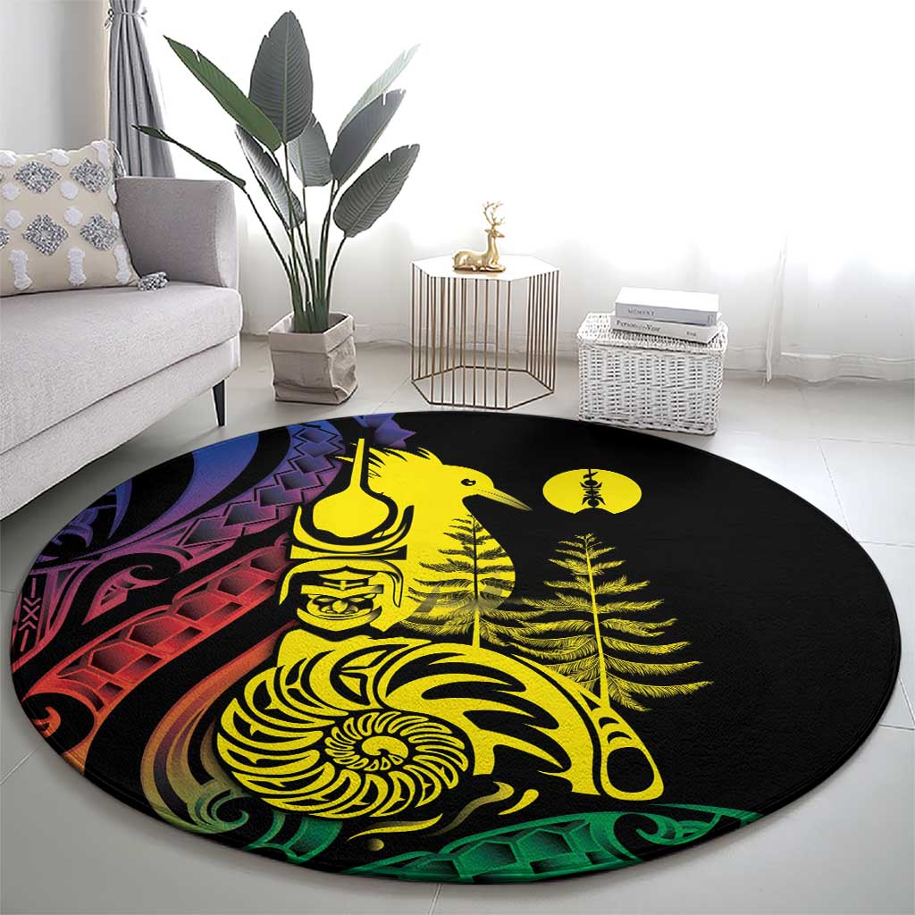New Caledonia Kanaky Round Carpet Stylized Fleche Faitiere With Kagu Bird