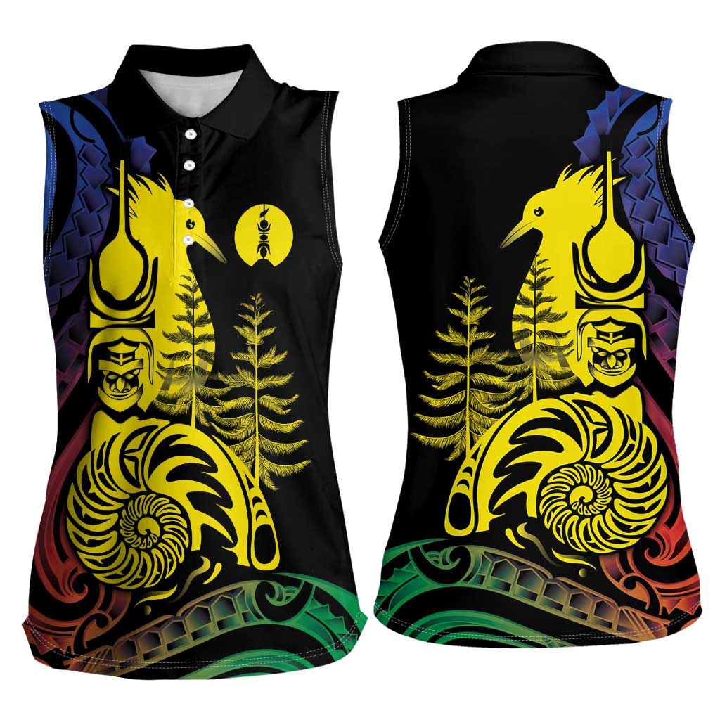 New Caledonia Kanaky Women Sleeveless Polo Shirt Stylized Fleche Faitiere With Kagu Bird