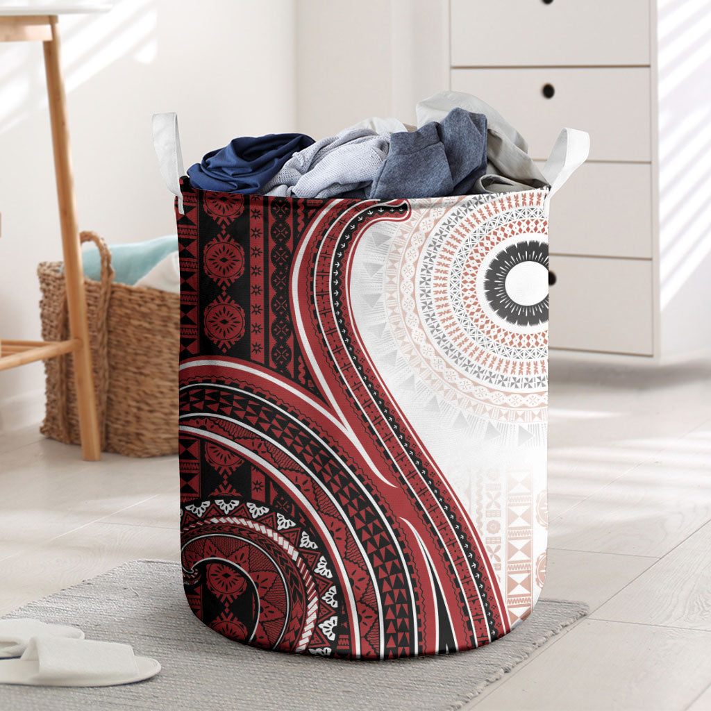 Bula Fiji Vintage Tapa Laundry Basket Kaivity Masi Wave Motifs - Red
