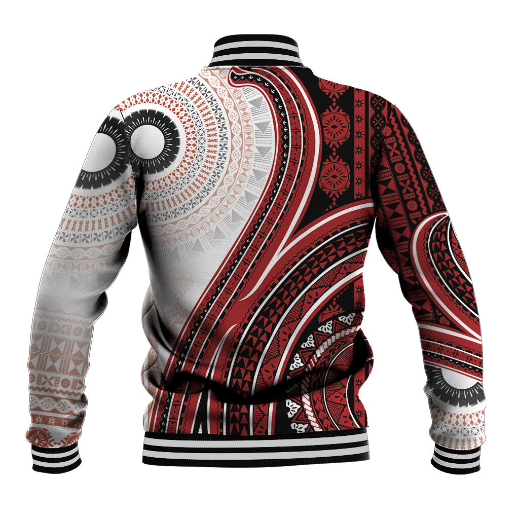 Bula Fiji Vintage Tapa Baseball Jacket Kaivity Masi Wave Motifs - Red