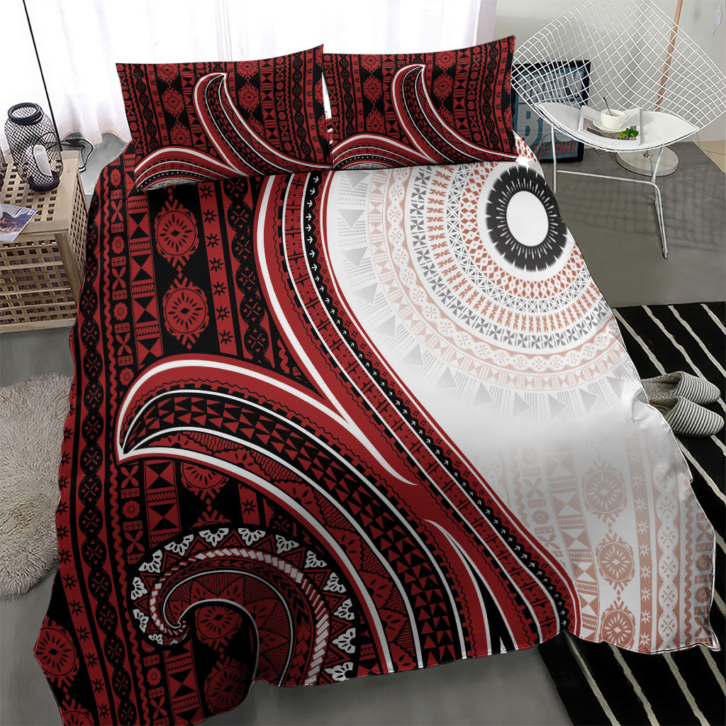 Bula Fiji Vintage Tapa Bedding Set Kaivity Masi Wave Motifs - Red