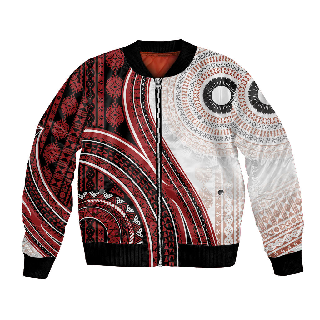 Bula Fiji Vintage Tapa Bomber Jacket Kaivity Masi Wave Motifs - Red
