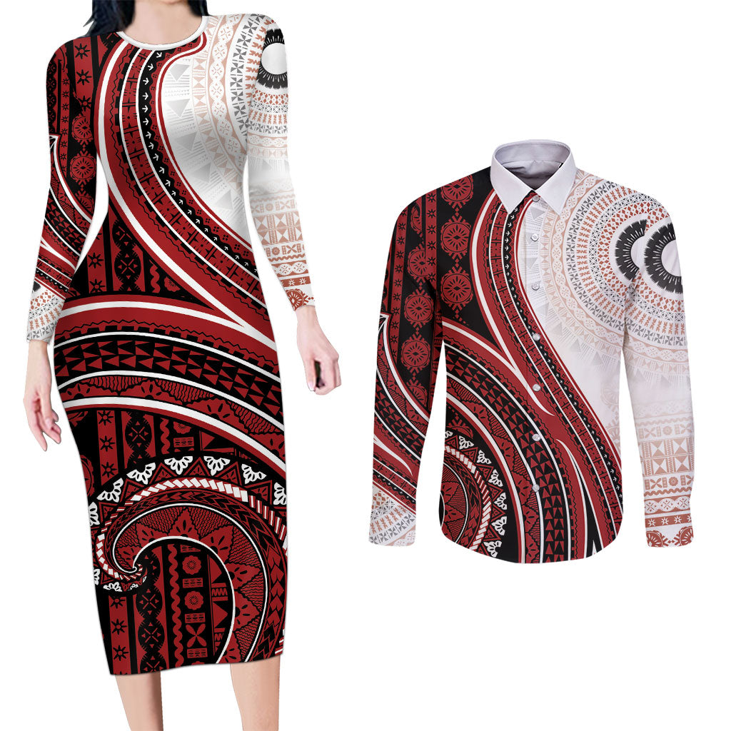 Bula Fiji Vintage Tapa Couples Matching Long Sleeve Bodycon Dress and Long Sleeve Button Shirt Kaivity Masi Wave Motifs - Red LT7 Red - Polynesian Pride