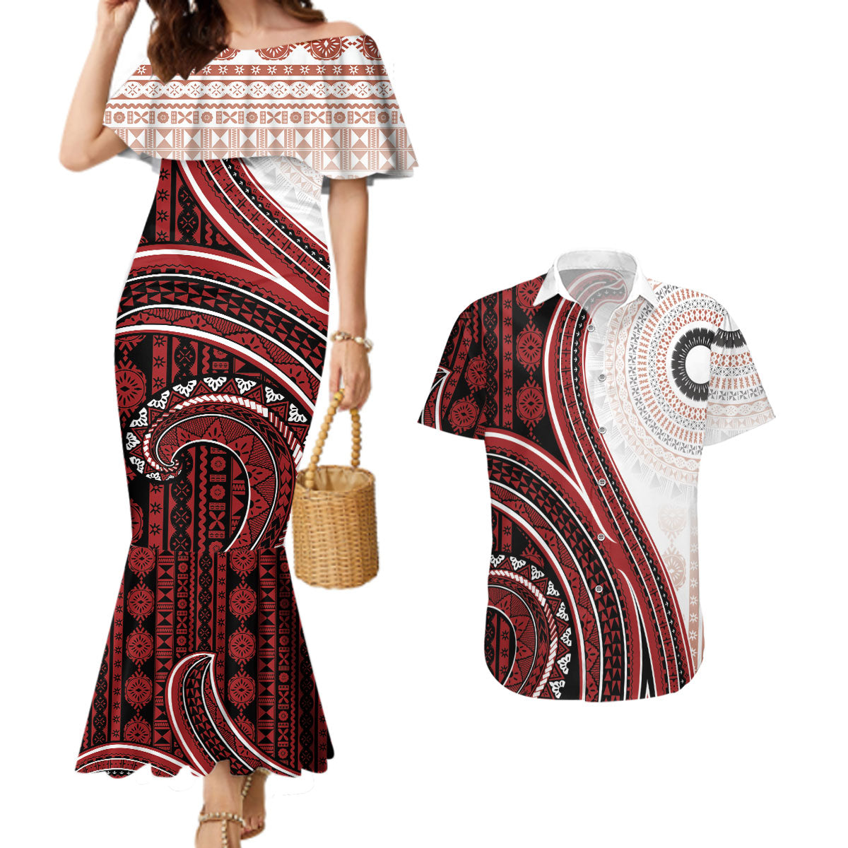 Bula Fiji Vintage Tapa Couples Matching Mermaid Dress and Hawaiian Shirt Kaivity Masi Wave Motifs - Red