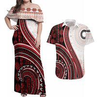 Bula Fiji Vintage Tapa Couples Matching Off Shoulder Maxi Dress and Hawaiian Shirt Kaivity Masi Wave Motifs - Red LT7 Red - Polynesian Pride