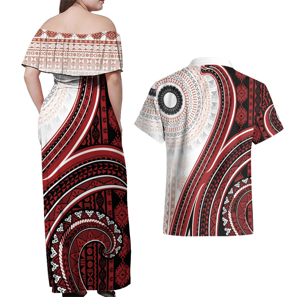 Bula Fiji Vintage Tapa Couples Matching Off Shoulder Maxi Dress and Hawaiian Shirt Kaivity Masi Wave Motifs - Red LT7 - Polynesian Pride