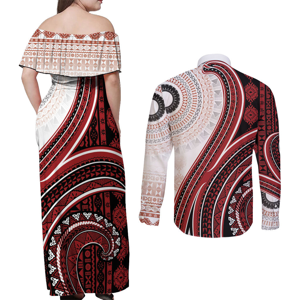 Bula Fiji Vintage Tapa Couples Matching Off Shoulder Maxi Dress and Long Sleeve Button Shirt Kaivity Masi Wave Motifs - Red