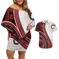 Bula Fiji Vintage Tapa Couples Matching Off Shoulder Short Dress and Hawaiian Shirt Kaivity Masi Wave Motifs - Red LT7 Red - Polynesian Pride