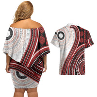 Bula Fiji Vintage Tapa Couples Matching Off Shoulder Short Dress and Hawaiian Shirt Kaivity Masi Wave Motifs - Red LT7 - Polynesian Pride