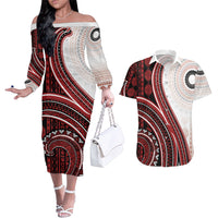 Bula Fiji Vintage Tapa Couples Matching Off The Shoulder Long Sleeve Dress and Hawaiian Shirt Kaivity Masi Wave Motifs - Red LT7 Red - Polynesian Pride
