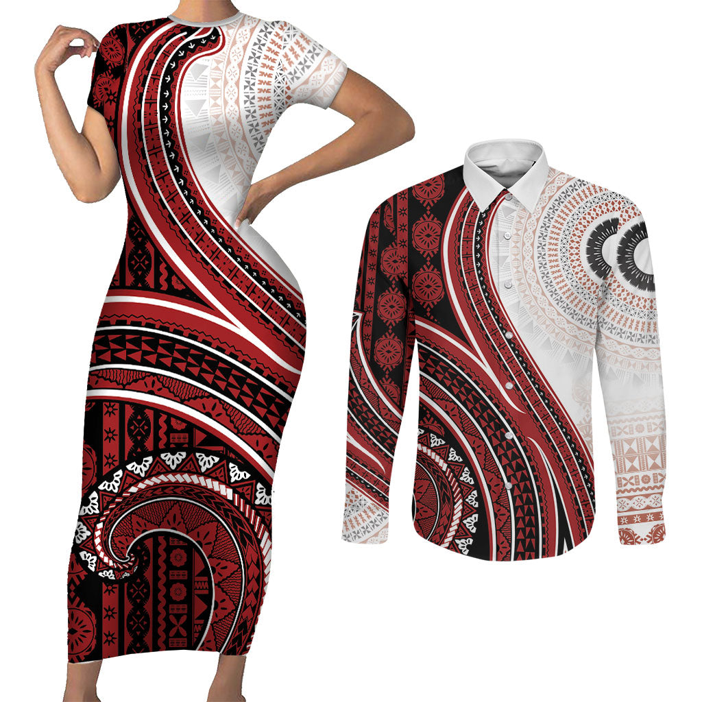 Bula Fiji Vintage Tapa Couples Matching Short Sleeve Bodycon Dress and Long Sleeve Button Shirt Kaivity Masi Wave Motifs - Red LT7 Red - Polynesian Pride