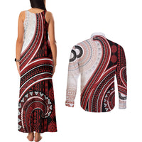 Bula Fiji Vintage Tapa Couples Matching Tank Maxi Dress and Long Sleeve Button Shirt Kaivity Masi Wave Motifs - Red