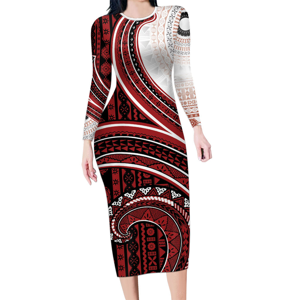 Bula Fiji Vintage Tapa Family Matching Long Sleeve Bodycon Dress and Hawaiian Shirt Kaivity Masi Wave Motifs - Red