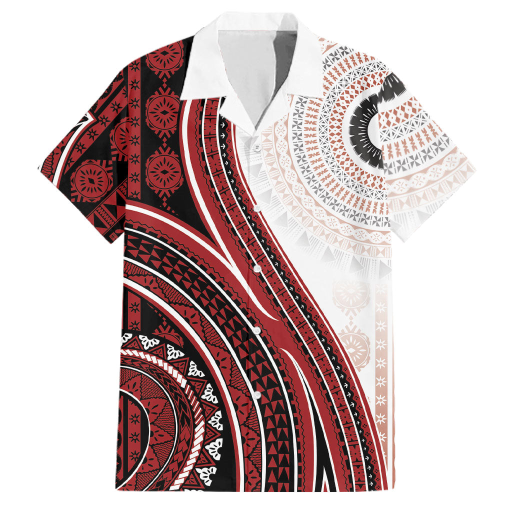 Bula Fiji Vintage Tapa Family Matching Mermaid Dress and Hawaiian Shirt Kaivity Masi Wave Motifs - Red LT7 Dad's Shirt - Short Sleeve Red - Polynesian Pride