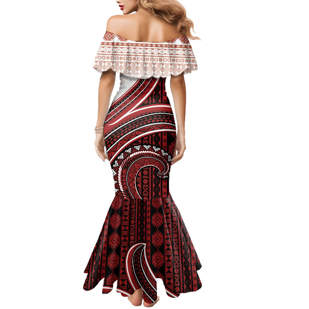 Bula Fiji Vintage Tapa Family Matching Mermaid Dress and Hawaiian Shirt Kaivity Masi Wave Motifs - Red LT7 - Polynesian Pride