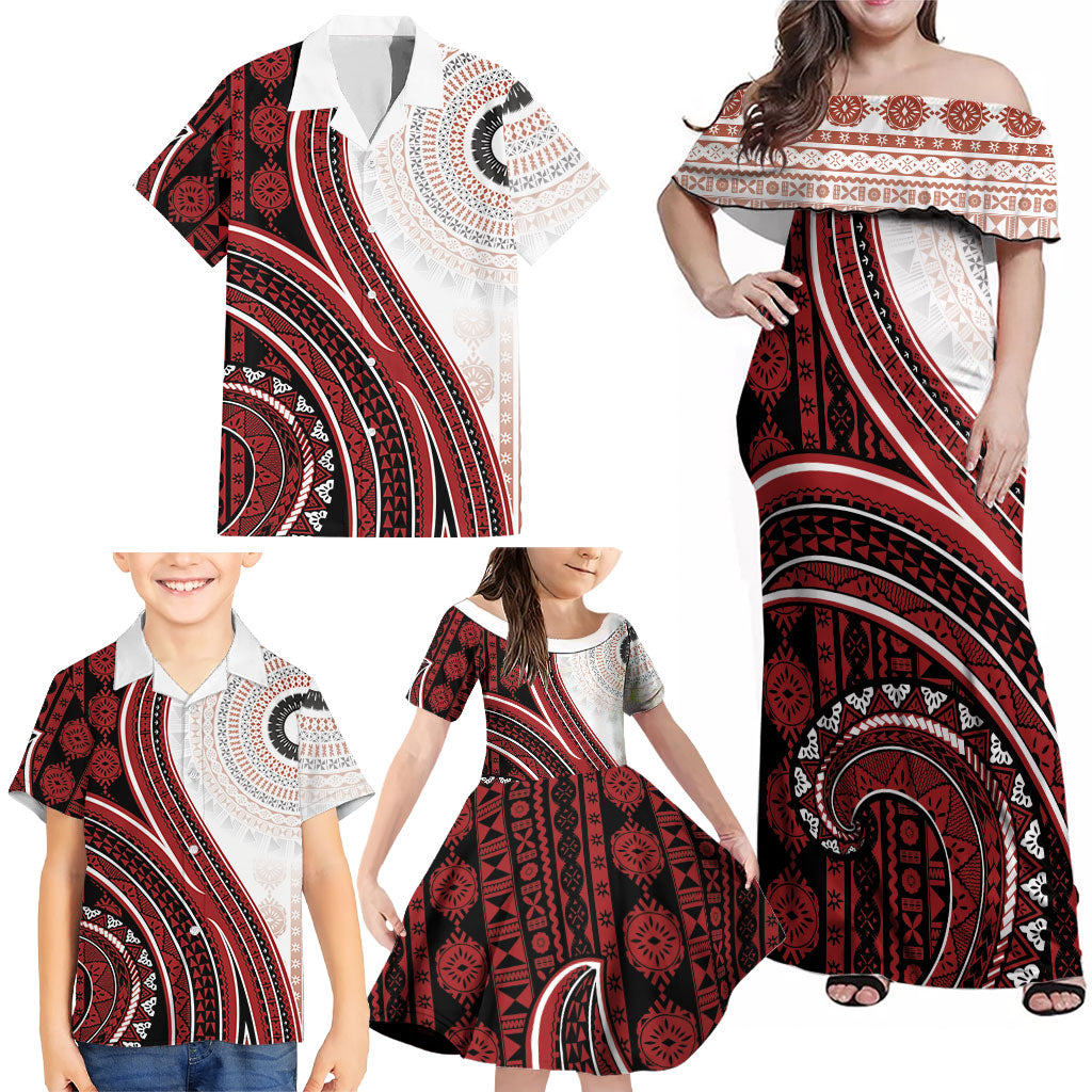 Bula Fiji Vintage Tapa Family Matching Off Shoulder Maxi Dress and Hawaiian Shirt Kaivity Masi Wave Motifs - Red LT7 - Polynesian Pride