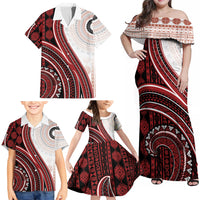Bula Fiji Vintage Tapa Family Matching Off Shoulder Maxi Dress and Hawaiian Shirt Kaivity Masi Wave Motifs - Red LT7 - Polynesian Pride