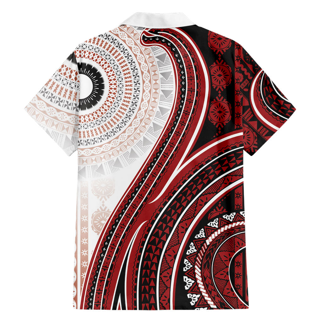 Bula Fiji Vintage Tapa Family Matching Off Shoulder Maxi Dress and Hawaiian Shirt Kaivity Masi Wave Motifs - Red LT7 - Polynesian Pride