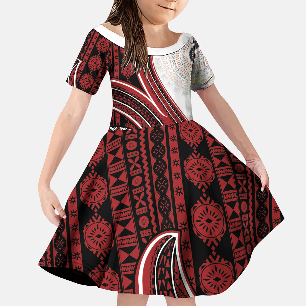 Bula Fiji Vintage Tapa Family Matching Off Shoulder Short Dress and Hawaiian Shirt Kaivity Masi Wave Motifs - Red LT7 Daughter's Dress Red - Polynesian Pride