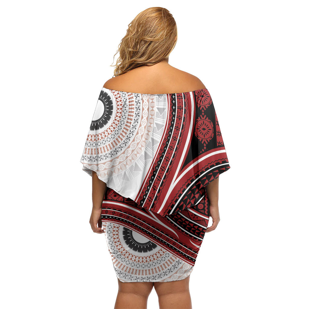 Bula Fiji Vintage Tapa Family Matching Off Shoulder Short Dress and Hawaiian Shirt Kaivity Masi Wave Motifs - Red LT7 - Polynesian Pride