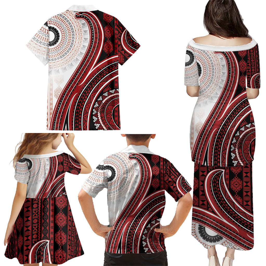 Bula Fiji Vintage Tapa Family Matching Puletasi and Hawaiian Shirt Kaivity Masi Wave Motifs - Red LT7 - Polynesian Pride