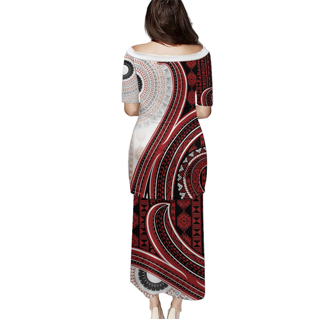 Bula Fiji Vintage Tapa Family Matching Puletasi and Hawaiian Shirt Kaivity Masi Wave Motifs - Red LT7 - Polynesian Pride