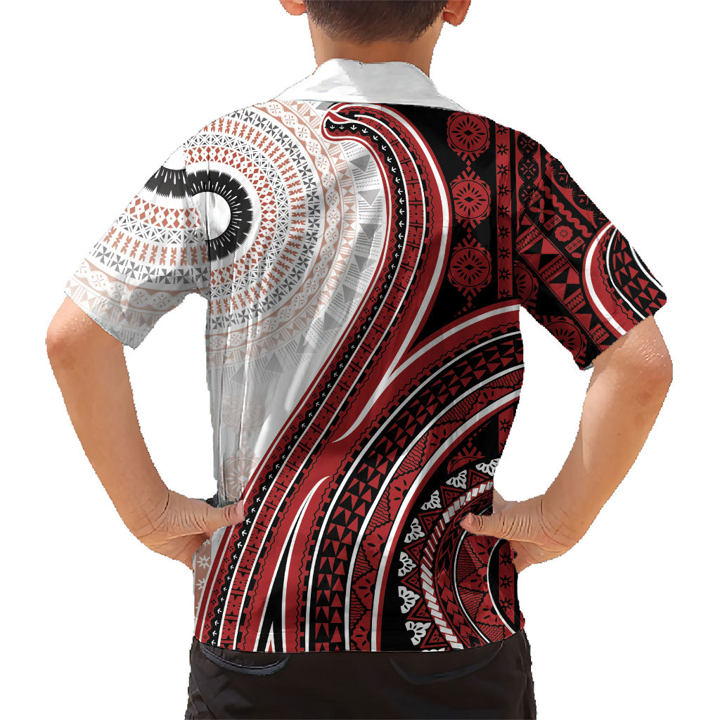 Bula Fiji Vintage Tapa Family Matching Short Sleeve Bodycon Dress and Hawaiian Shirt Kaivity Masi Wave Motifs - Red
