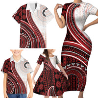Bula Fiji Vintage Tapa Family Matching Short Sleeve Bodycon Dress and Hawaiian Shirt Kaivity Masi Wave Motifs - Red